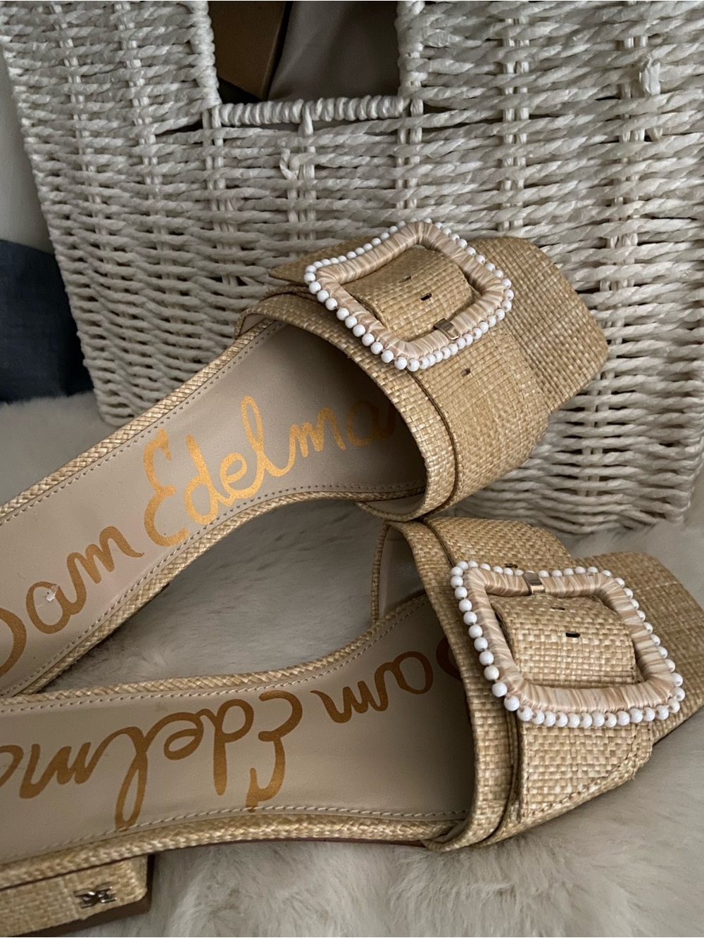Sam Edelman Deacon Raffia Slide With Beaded Rectangular Buckle.